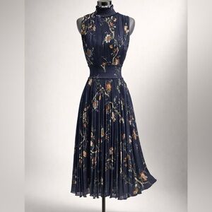 Nanette Lepore Pleated Floral Midi Dress, smocked waist, navy/multi, sz2, EUC